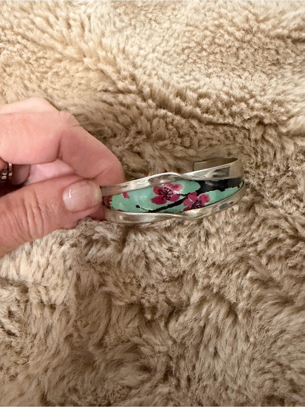Hand-Painted Floral Mint Green Enamel Cuff Bracelet